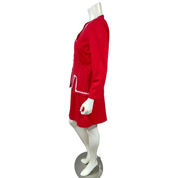 Pablo Collection Red Polyester Skirt Suit with White Loop Trim 1980s Power Suit - Picture 3 of 11